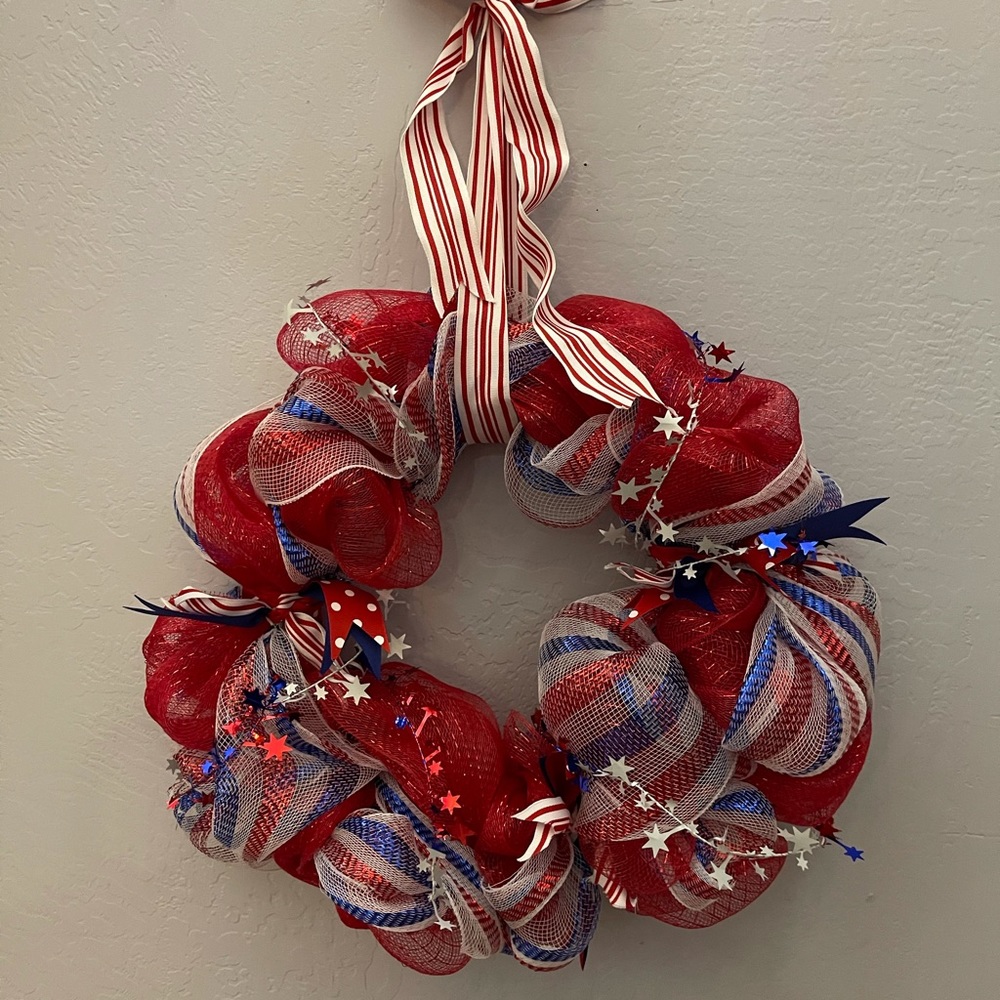 Red, White, Blue Deco Mesh Wreath